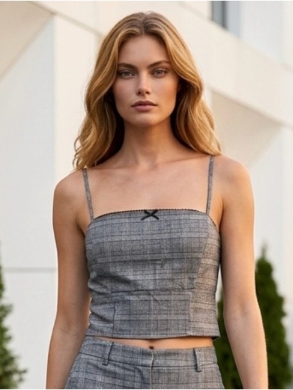 $10 Add-on | Gray Plaid Square-Neck Woven Crop Cami